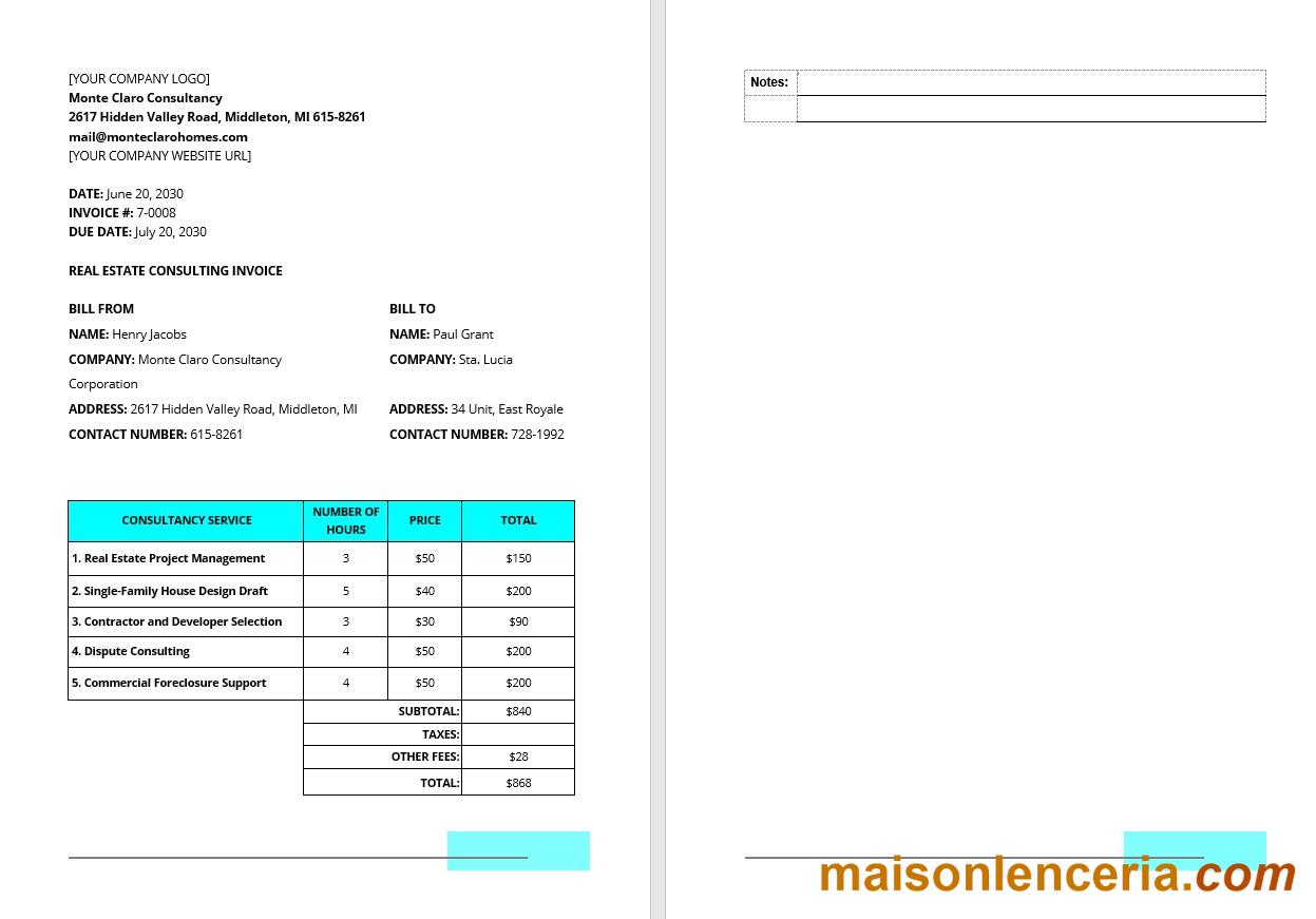 Doradztwo w zakresie nieruchomości szablon faktury w formatach Word i PDF